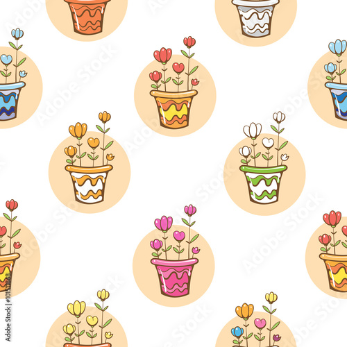 Vector spring seamless pattern with flowers in pots on white background.