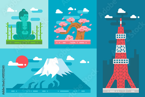 Flat design japan landmarks set