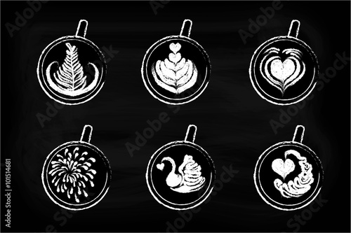 Six cups with latte-art
