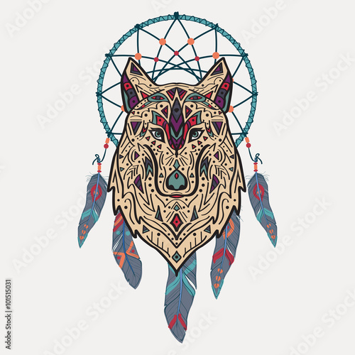 Vector colorful illustration of tribal style wolf with ethnic ornaments and dream catcher. American indian motifs. Totem tattoo. Boho design.
