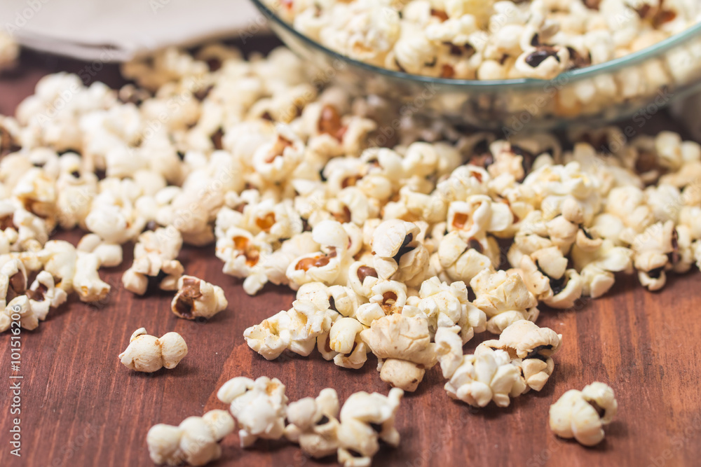 Closeup of popcorn in a glass bowl Closeup of popcorn in a glass bowl