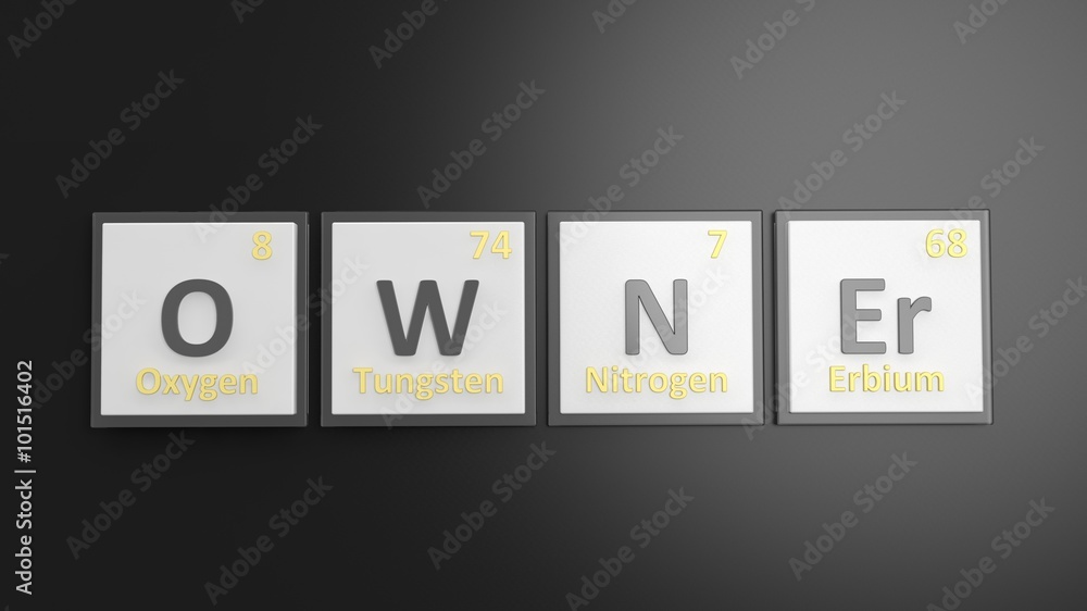 Periodic table of elements symbols used to form word Owner, isolated on black Periodic table of elements symbols used to form word Owner, isolated on black