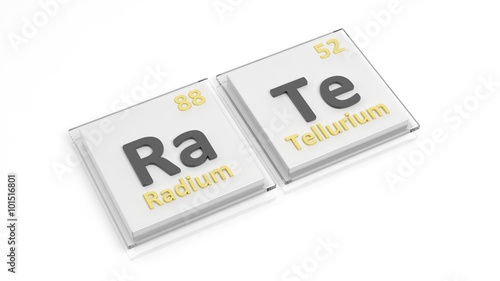 Periodic table of elements symbols used to form word Rate, isolated on white.