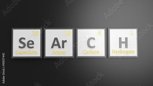 Periodic table of elements symbols used to form word Search, isolated on black