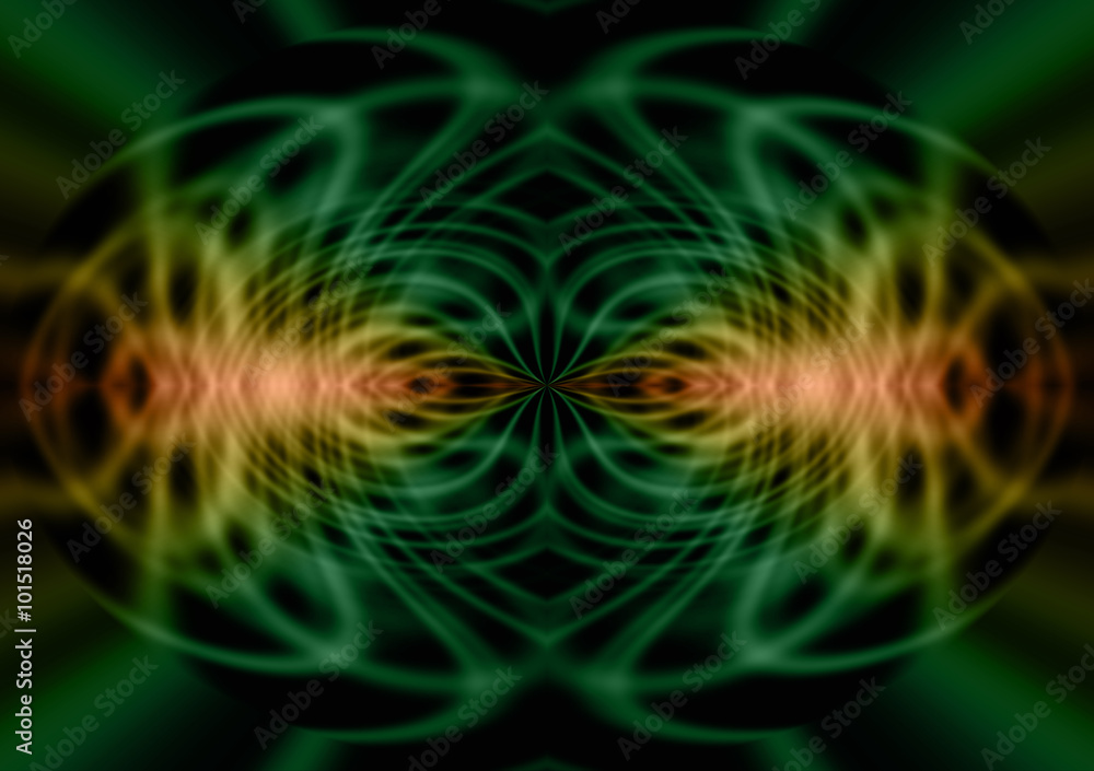 Geometric Pareidolia - green and orange lines forming a geometric symmetrical pattern with the appearance of either an alien or reflected insects on a black background Geometric Pareidolia - green and orange lines forming a geometric symmetrical pattern with the appearance of either an alien or reflected insects on a black background