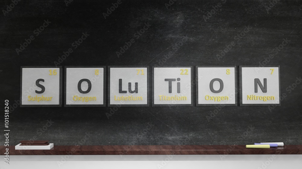 Periodic table of elements symbols used to form word Solution, on blackboard Periodic table of elements symbols used to form word Solution, on blackboard