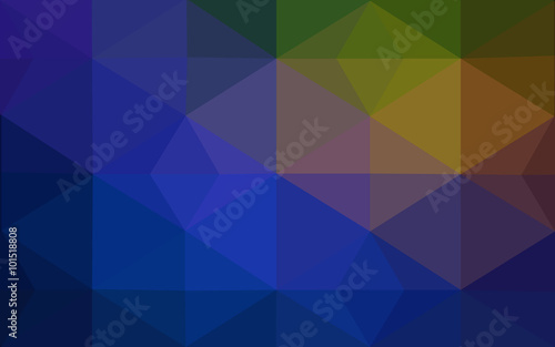 Multicolor dark blue, yellow, orange polygonal design pattern, which consist of triangles and gradient in origami style.