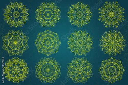 Set of abstract design element. Round mandalas in vector. Graphic template for your design. Decorative retro ornament. Hand drawn background with flowers.