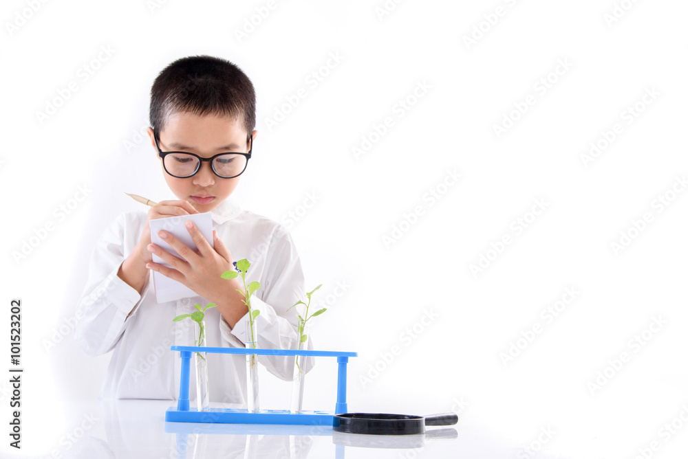 Young Asian boy check plant seedling in laboratory Young Asian boy check plant seedling in laboratory