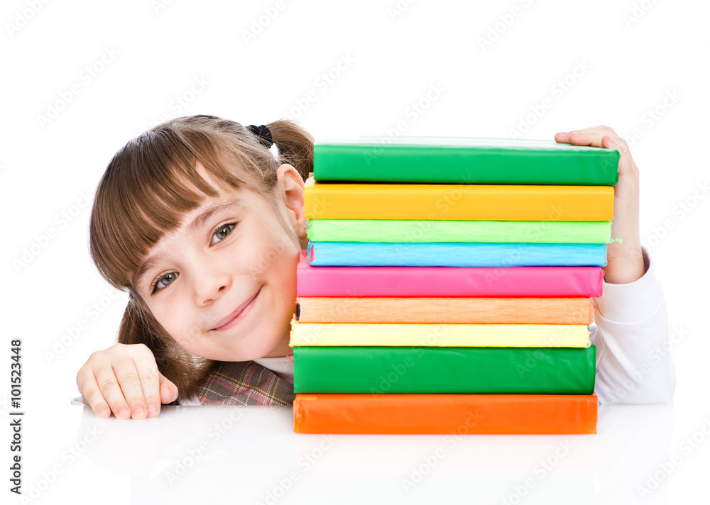young girl with pile books. isolated on white background