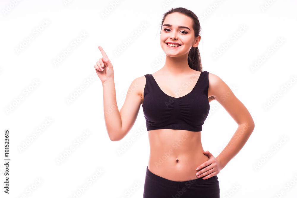 Young slim Fitness woman hold hand showing something on the open palm, concept advertisement product. Isolated over white background Young slim Fitness woman hold hand showing something on the open palm, concept advertisement product. Isolated over white background