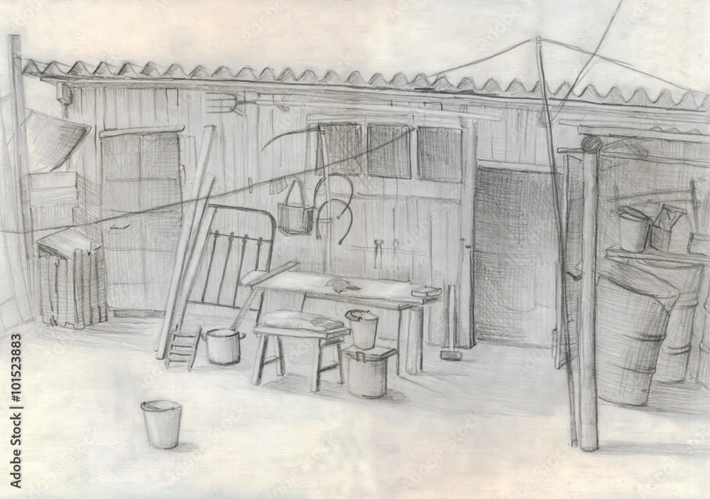 Obraz rustykalna stodoła. rysunek ołówkiem. naszkicować