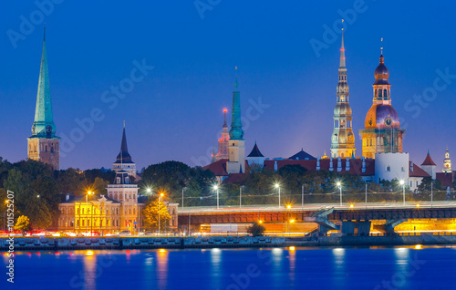 Riga. View the Church of St. Peter at night.