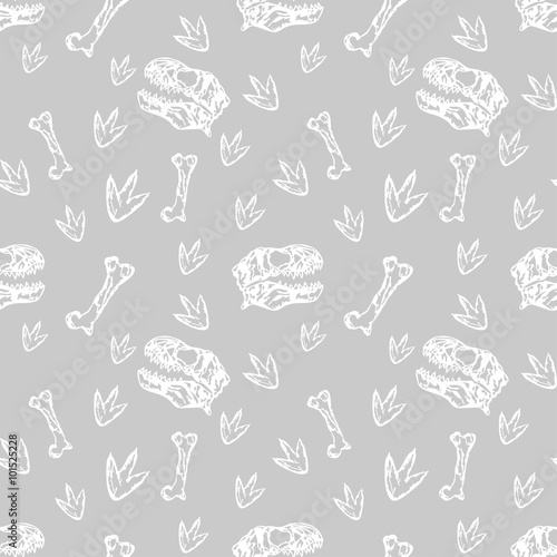 Vector monochrome seamless dinosaurs pattern with Tyrannosaurus skulls, bones and footprints