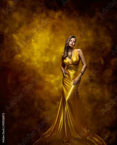 Woman Fashion Model Gold Dress, Beauty Girl in Glamour Gown