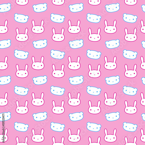 Seamless vector pattern with cute animals rabbit and bear in the style of Japanese anime