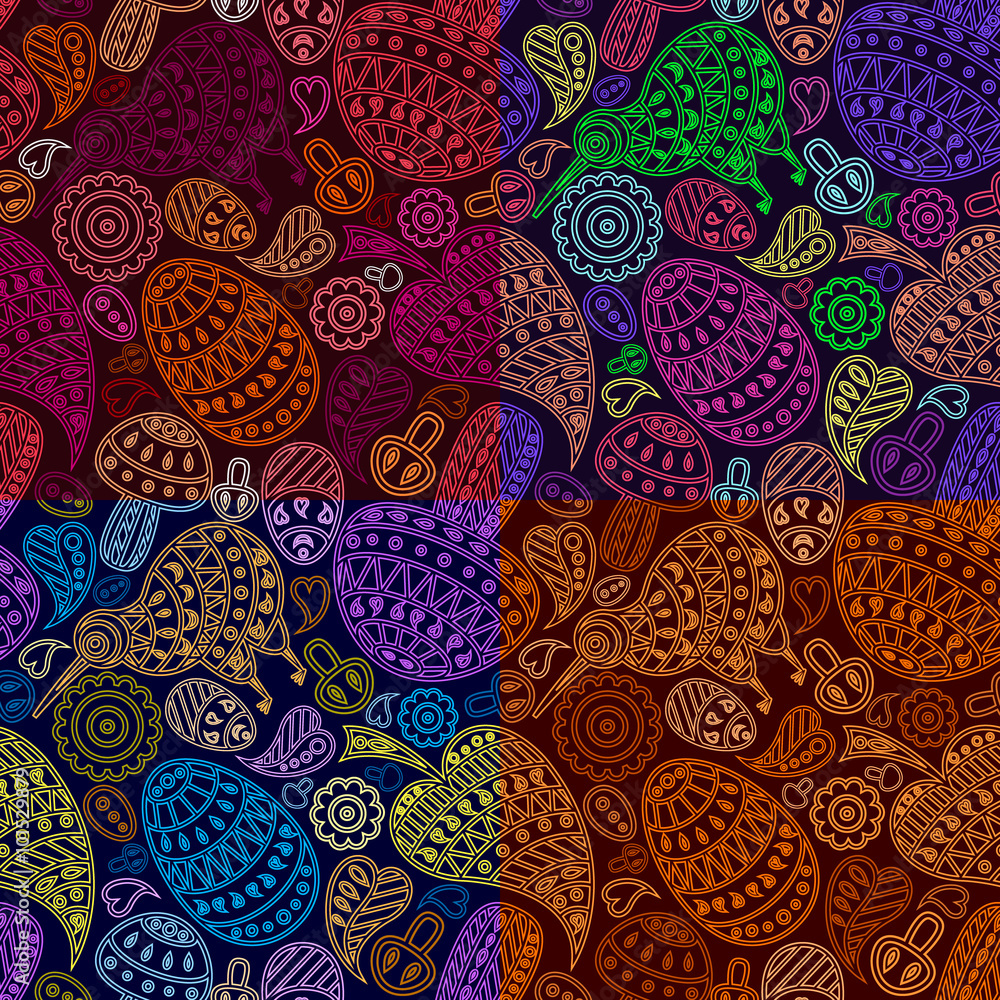 Set of four seamless patterns with birds and leaves. Set of four seamless patterns with birds and leaves.