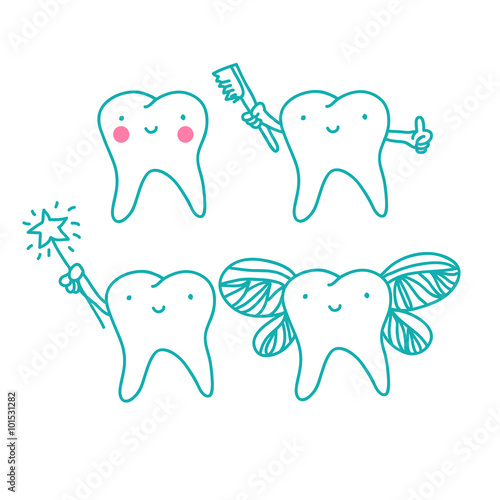 vector icons with cute children's teeth and the tooth fairy with Magic wand. dentist icons