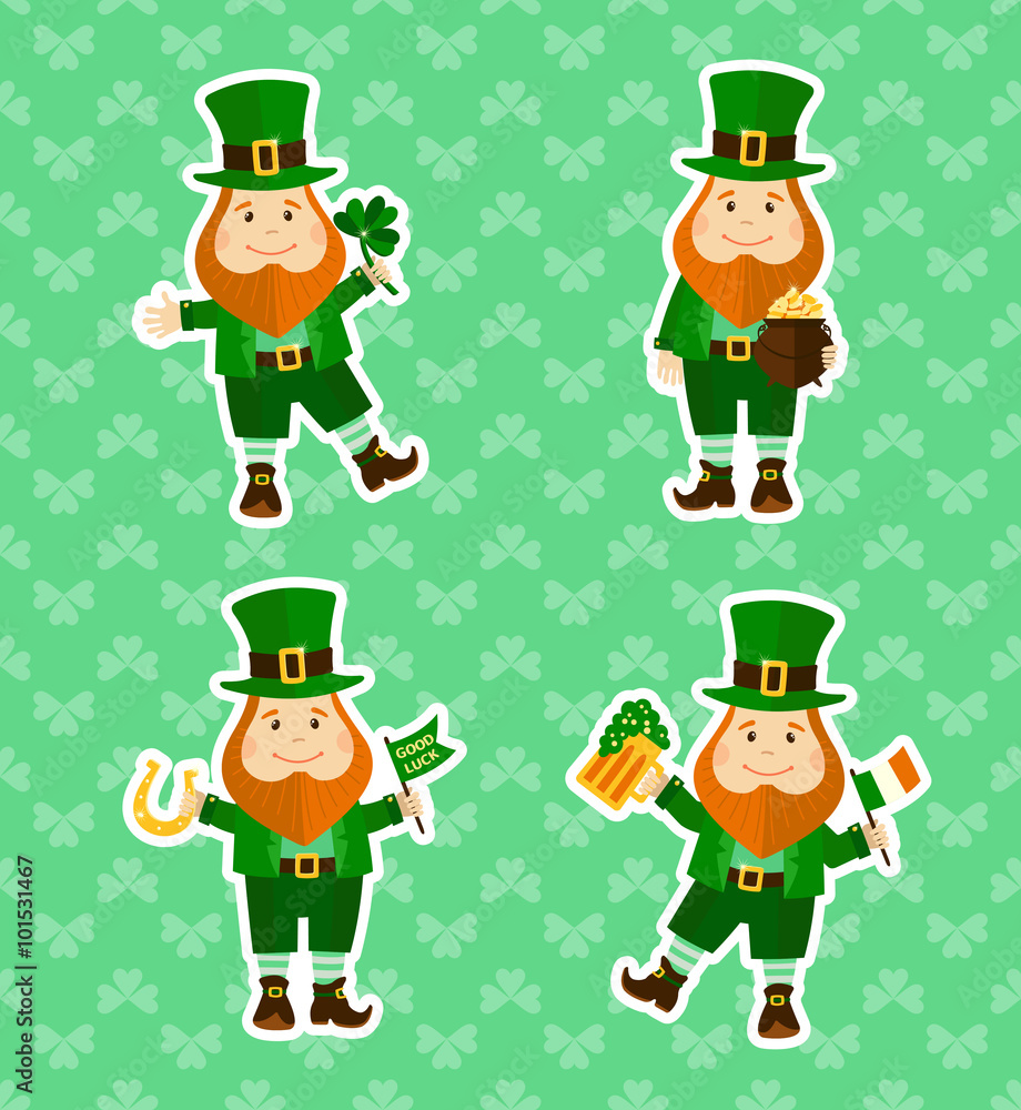 Set of four stickers with funny leprechauns Set of four stickers with funny leprechauns