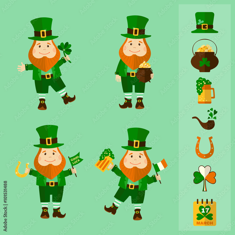 Saint Patrick's Day set: four leprechauns and traditional elements