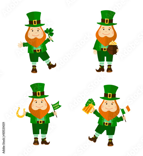 Set of four funny leprechauns in different poses.