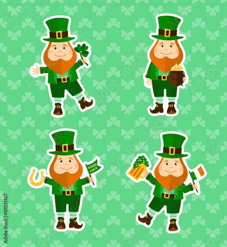 Set of four stickers with funny leprechauns