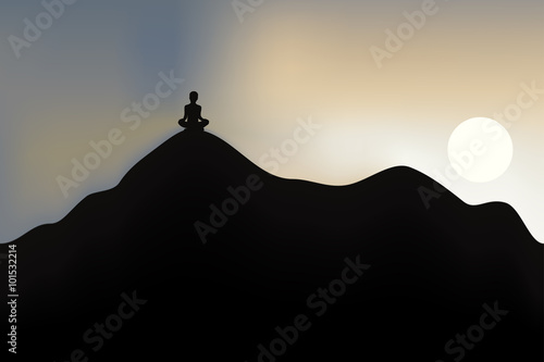 Mountain hill wth yoga silhouette.