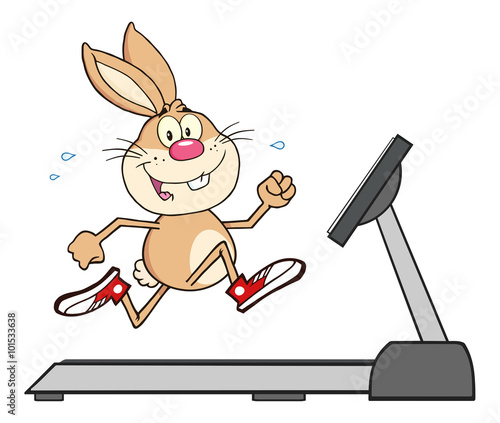 Smiling Rabbit Cartoon Character Running On A Treadmill