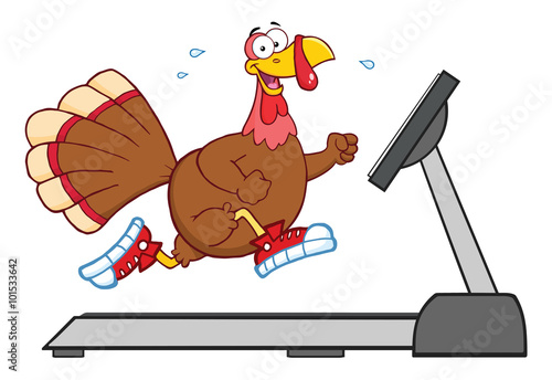 Smiling Turkey Cartoon Character Running On A Treadmill
