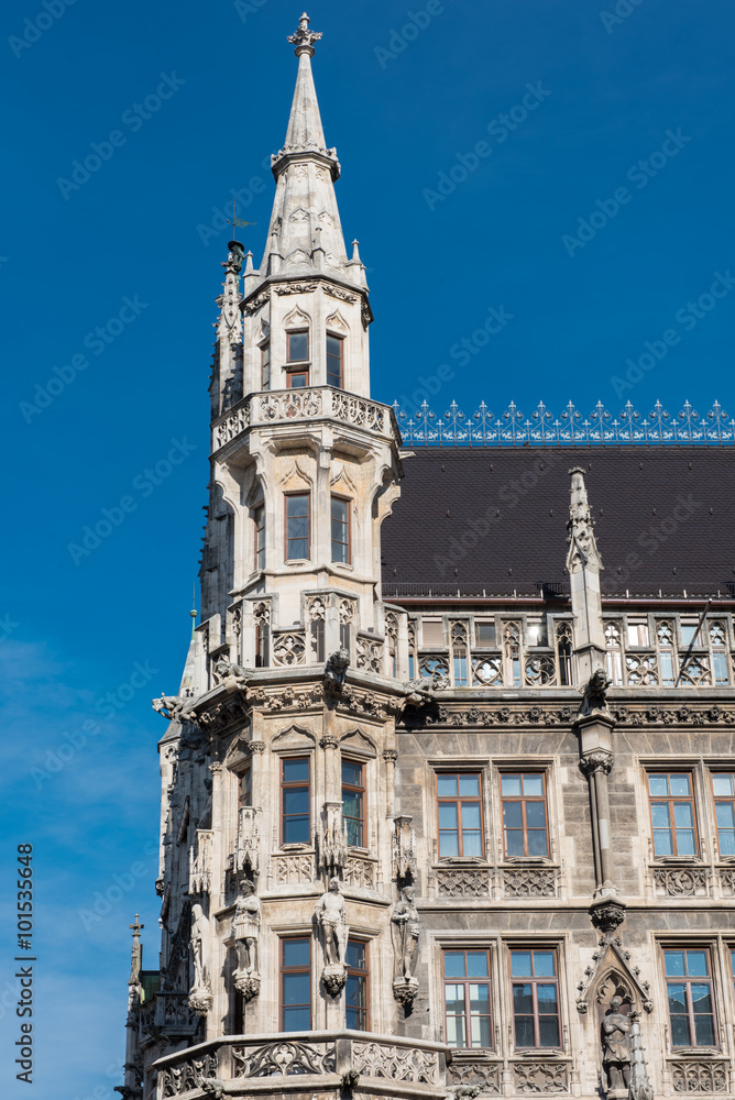 Fototapeta premium Munich town hall detail in the sun against blue sky