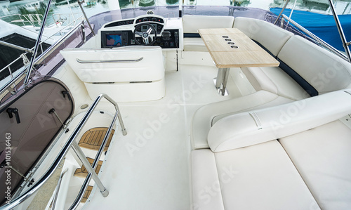 Interior of luxury yacht with driving place. Cruise vacation