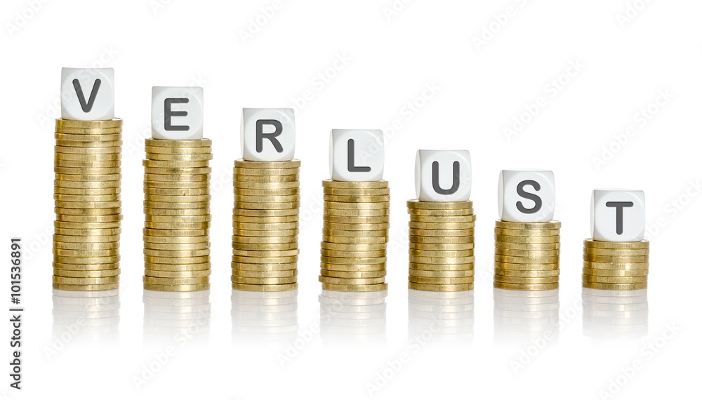 Münzstapel mit Buchstabenwürfeln - Verlust Münzstapel mit Buchstabenwürfeln - Verlust