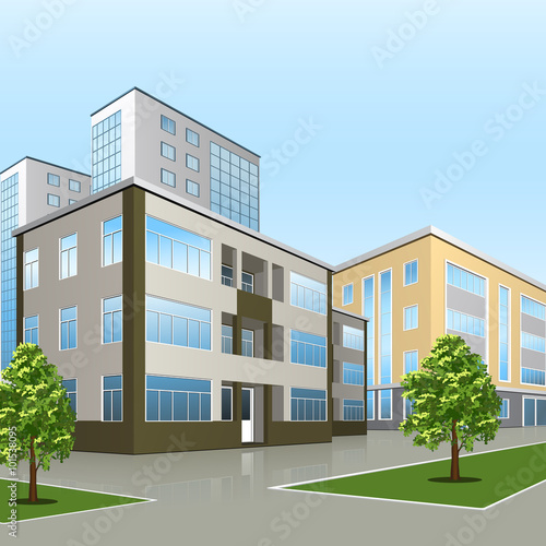 office building with an entrance and reflection