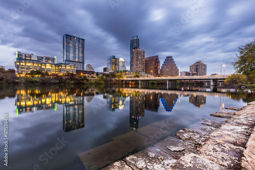 Austin downtown skyline by the river at night, Texas