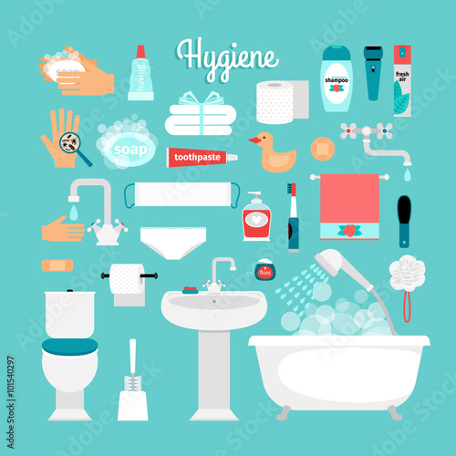 Big set of hygiene: bath, toilet, sink, sponge, shampoo