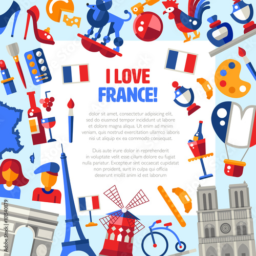 France travel icons circle postcard with famous French symbols 