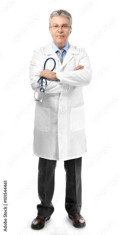 A handsome doctor with stethoscope, isolated on white A handsome doctor with stethoscope, isolated on white