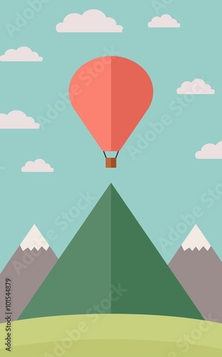 Mountains with big red balloon.flat colorful