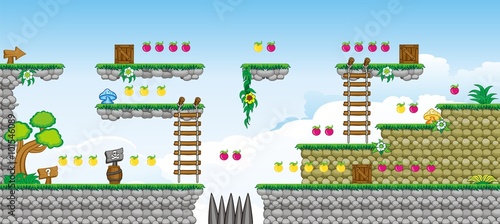 Tile set Platform for Game - A set of layered vector game asset, 
contains backgorund, ground tiles and several items / objects / decorations,
used for creating mobile games