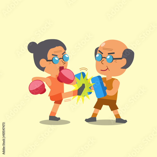 Cartoon sport old woman and old man doing kickboxing training