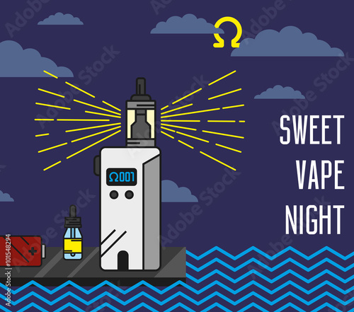 Vector flat linear illustration - vape lighthouse in night cloud coast