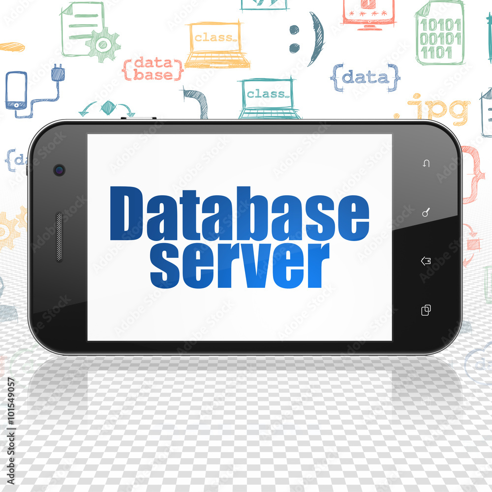 Software concept: Smartphone with Database Server on display Software concept: Smartphone with Database Server on display