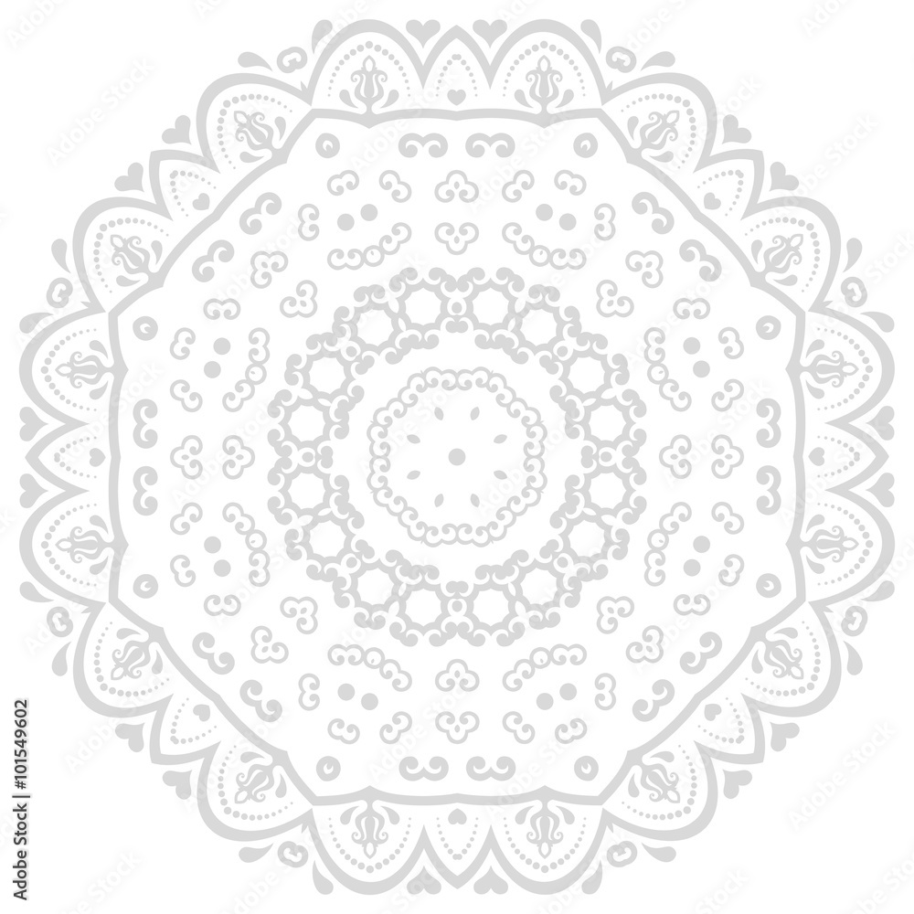 Oriental vector pattern with arabesques and floral elements. Traditional classic gray round ornament