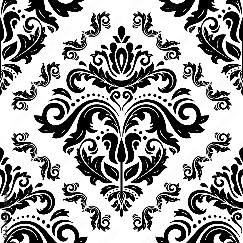 Seamless wallpaper in the style of baroque. Traditional vector black and white pattern. Classic oriental background