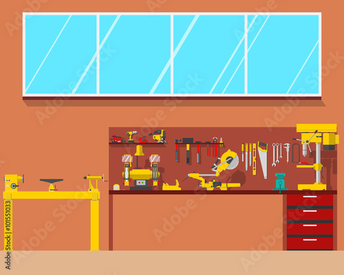 View of the interior of the workplace carpenter in a workshop. Woodworking and carpentry, construction tools. Vector illustration