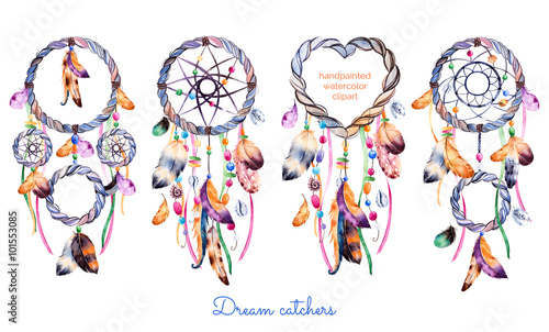 Hand drawn illustration of 4 dreamcatchers.Ethnic illustration with native American Indians watercolor dreamcatcher.Boho style. Parfect for Happy Valentines Day, print,diyprojects,print,greeting card
