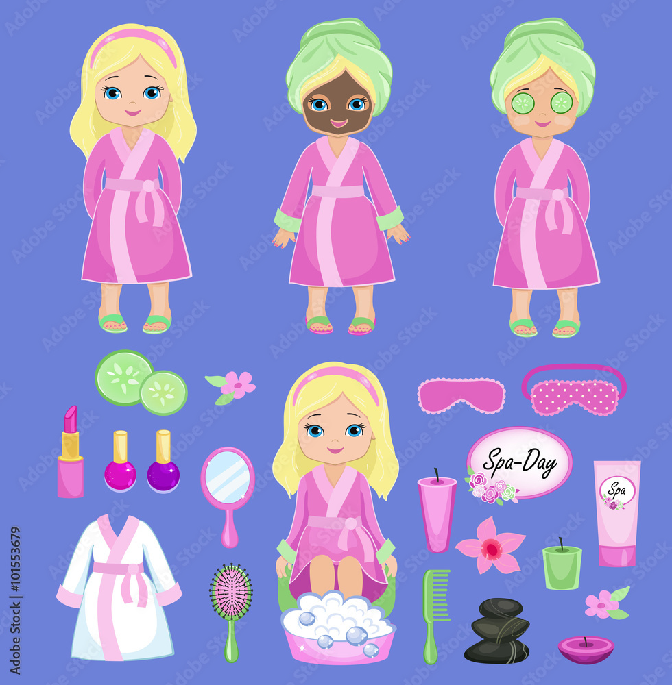 Girl in pink bathrobe takes spa treatments.Vector illustration isolated on background. Girl in pink bathrobe takes spa treatments.Vector illustration isolated on background.