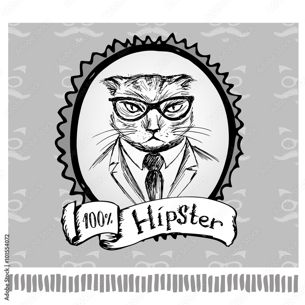 Hipster cat in frame, hand drawing