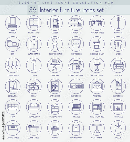 Vector home furniture outline icon set. Elegant thin line style design