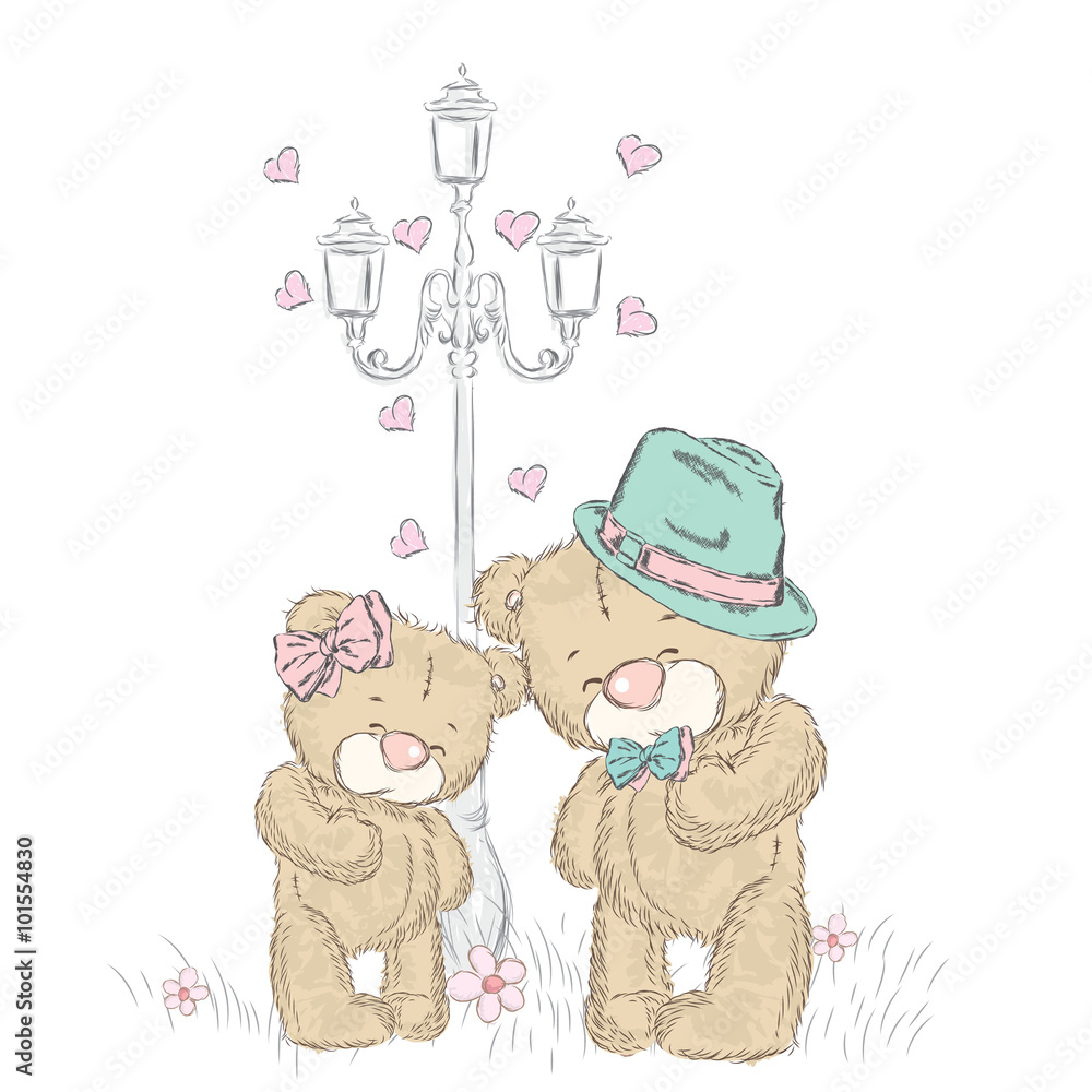 Couple bears a date. Teddy bear under the lamp. Cute card with ...